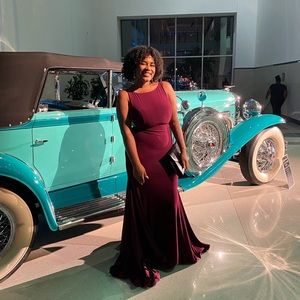 Jovani open back jersey gown in burgundy